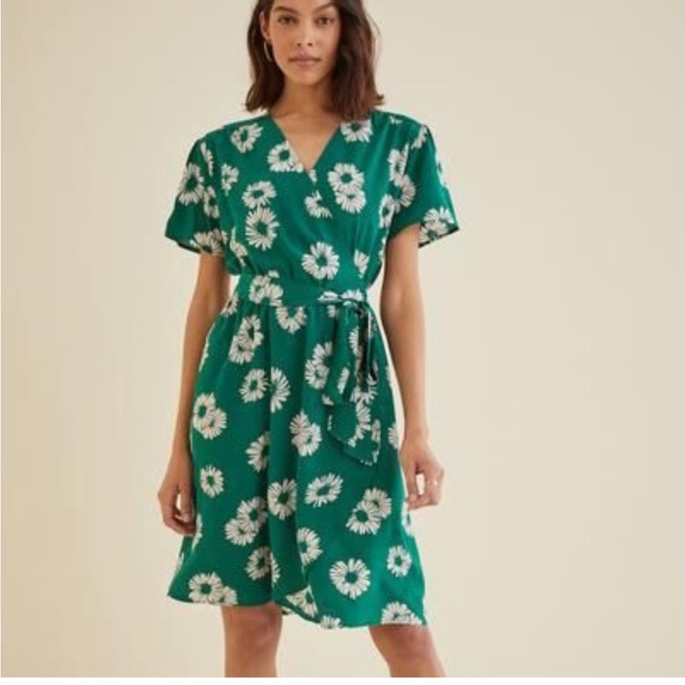 Amour Vert “Amelia” Green Floral Silk Wrap Dress